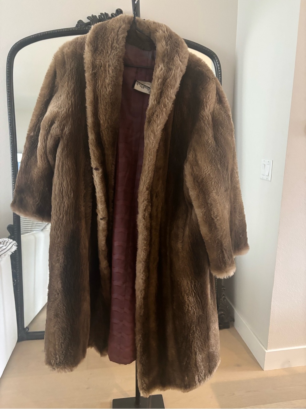 Women's Brown Faux Fur Long Peacoat with Shawl Collar